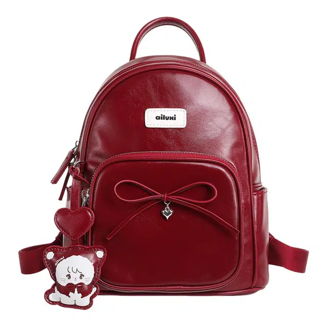 爱路喜 时尚纯色蝴蝶结通勤百搭 合成革 双肩包 女款 酒红色