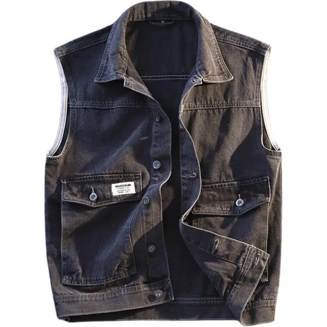 百胜狐 春季慵懒风痞帅复古牛仔潮流休闲纽扣春秋工装马甲 男款