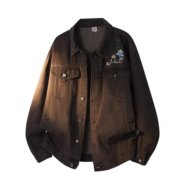 金贝勒 美式高街复古水洗做旧手绘植物花卉字母印花慵懒学院风潮流痞帅无性别主义宽松休闲百搭牛仔外套 男女同款
