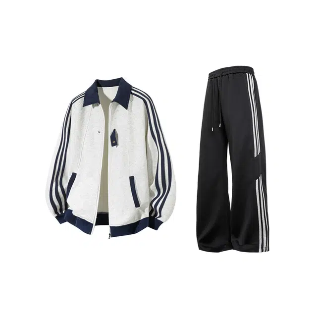 顶峰保罗 美式条纹高级设计感宽松休闲运动夹克外套直筒卫裤帅气搭配一套无性别主义情侣通勤卫衣套装 男女同款