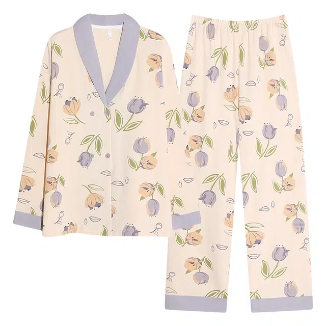 俏霓桐 春秋款甜美花朵亲肤纯棉清新优雅休闲气质舒适长袖长裤家居服可外穿睡衣套装 女款