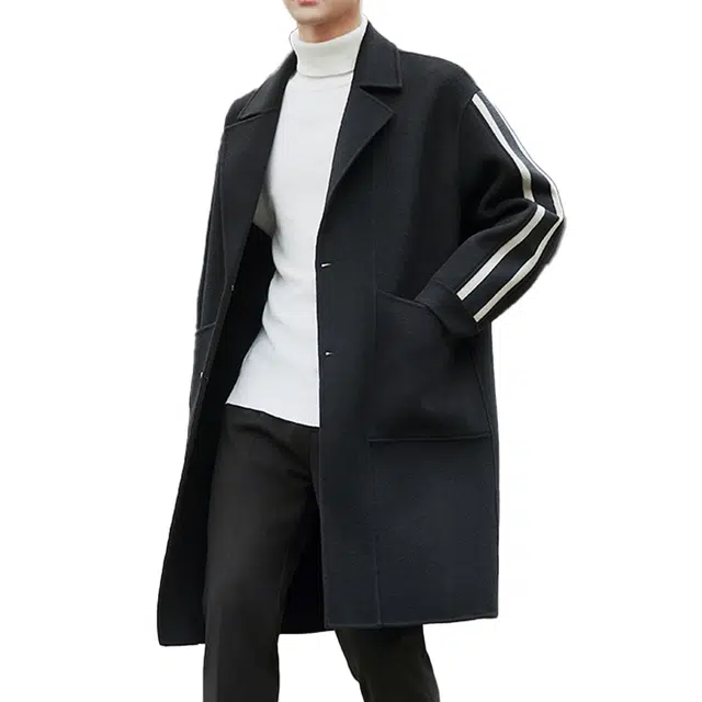 艾梵斯贝 高品质韩版西装领修身过膝双面呢长款羊毛高级感条纹拼接简约设计款日常休闲商务行政北欧风长袖大衣 男款