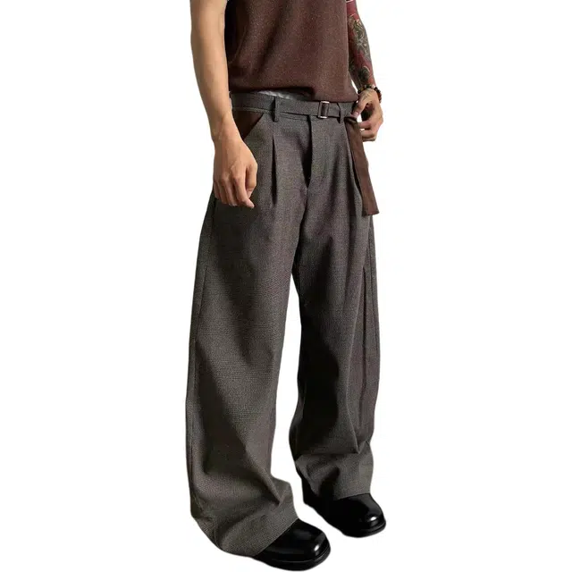 拓菲 千鸟格”打褶拼接直筒西裤复古老钱阔腿长裤潮休闲裤 男女同款