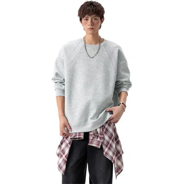 顶峰保罗 美式复古纯色高级设计感宽松休闲大码运动上衣无性别主义情侣秋季穿搭圆领卫衣 男女同款