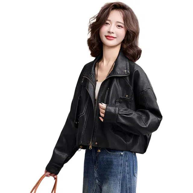 袋鼠 美式复古时尚休闲气质立领明线设计皮衣外套 女款