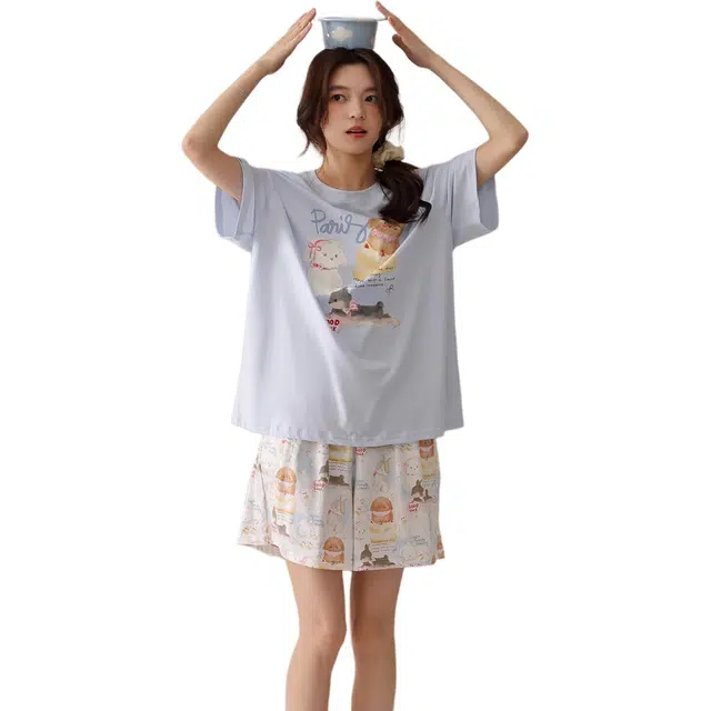 桔内 纯棉夏季薄款短袖短裤卡通夏款少女甜美可爱风家居服睡衣套装 女款