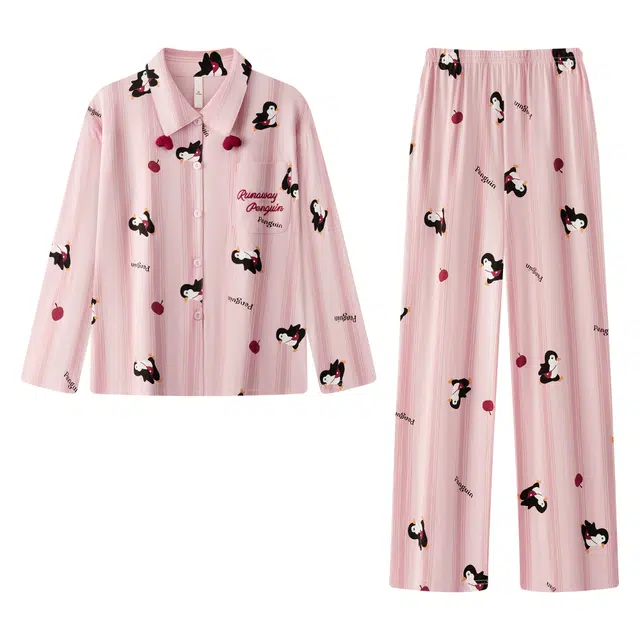 宫蝶 纯棉长袖卡通家居服休闲可外穿宽松开衫睡衣套装 女款