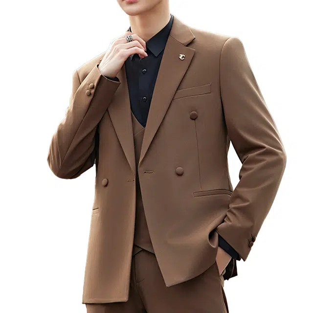 艾梵斯贝 高品质韩版修身婚庆礼服外套马甲裤子三件套单排扣简约设计款高级感痞帅商务西装套装 男款