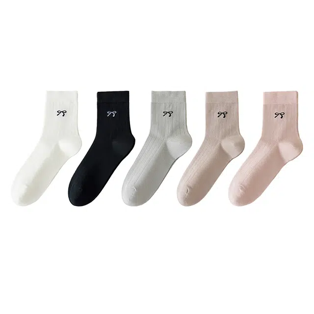 莫代尔 蝴蝶结简约图案舒适柔滑透气吸汗袜子时尚百搭中筒袜 女款