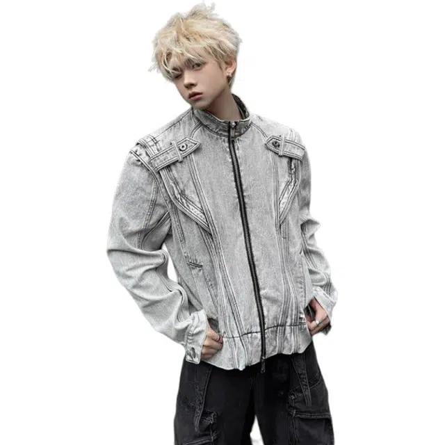 拓菲 机车牛仔外套男春秋美式潮流复古拼接水洗高级感夹克 男女同款