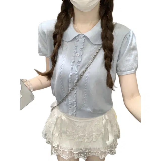 思蓓儿 木耳边单排扣设计短袖上衣针织衫 女款