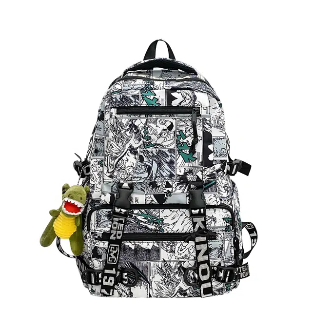 蔻蒂熊 小学生涂鸦书包超酷大容量男女旅行背包初中高中生 尼龙布 双肩包 常规 青少年 灰配绿/灰配蓝/灰配黄/黑配绿