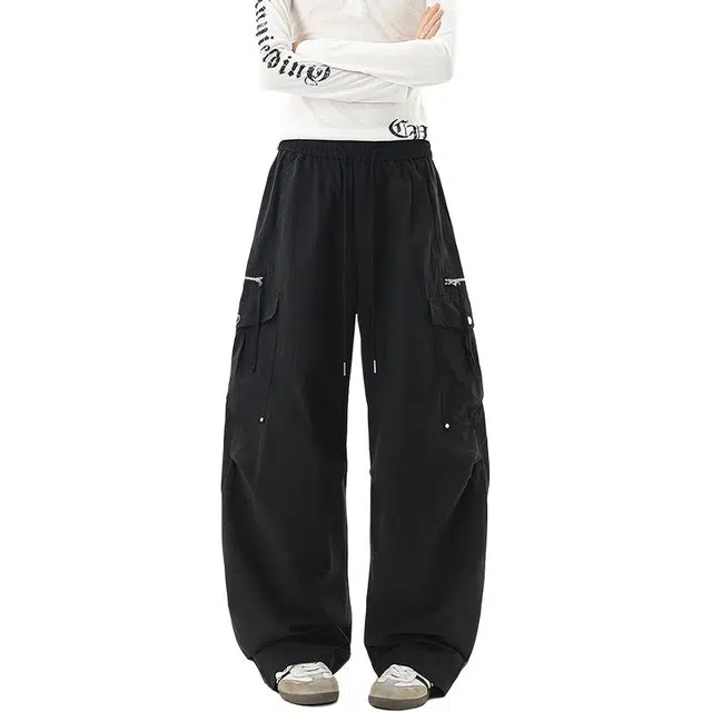 佐菲利 美式多口袋休闲裤潮牌纯色设计感阔腿裤痞帅宽松拖地裤工装裤 男女同款