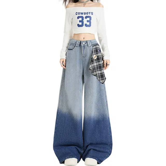 如续 拖地长裤女设计感格子飘带高腰显瘦洗水阔腿牛仔裤 女款