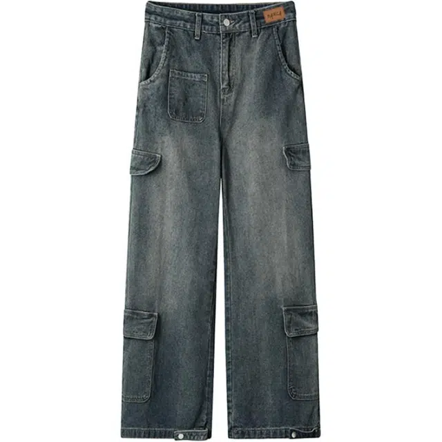 巴塞罗那足球俱乐部 美式复古拼接多口袋水洗做旧百搭简约宽松潮流直筒纽扣门禁休闲户外牛仔裤 男女同款