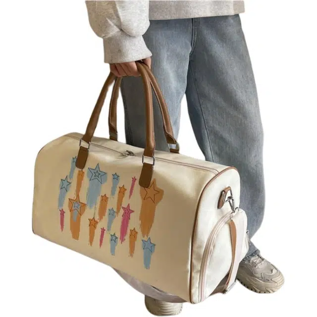 德力熊 印花时尚旅游手提包大容量短途出差行李包多功能百搭运动健身包 尼龙 旅行包 男女同款情侣款 多色