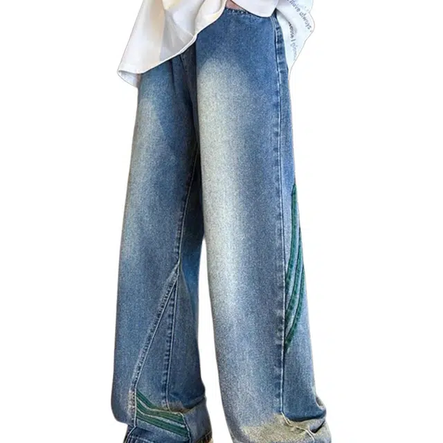 大格子与黑猫 三条条纹美式拼接复古宽松阔腿直筒休闲裤子牛仔裤 男款