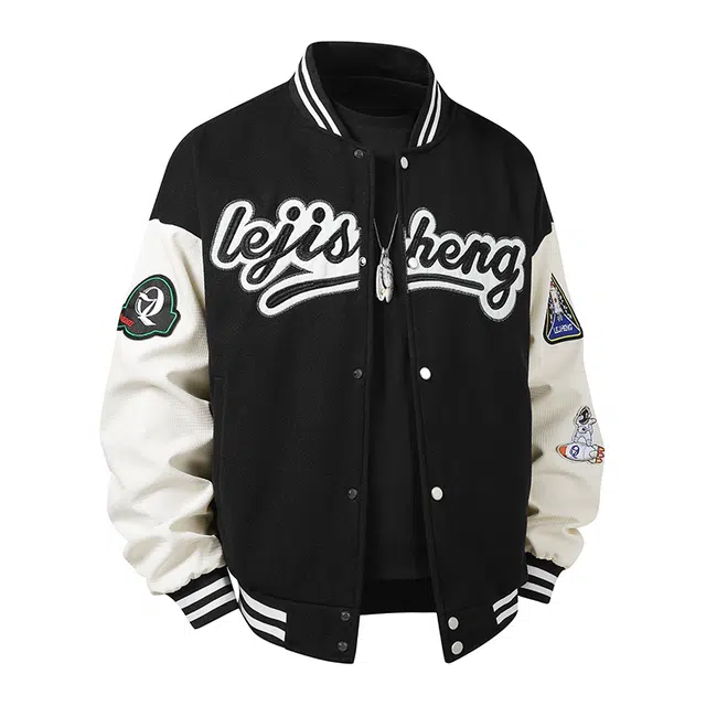 左岸  美式复古潮流宽松长袖单排扣拼色刺绣字母无性别主义飞行员棒球服 男女同款