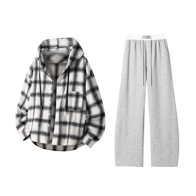 素杭 美式复古格子连帽长袖上衣阔腿直筒潮流宽松长裤休闲运动套装 男女同款