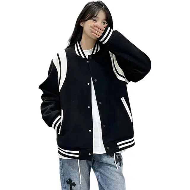 徐百货  条纹设计短款外套春秋季学院风韩系百搭上衣潮牌夹克棒球服 男女同款