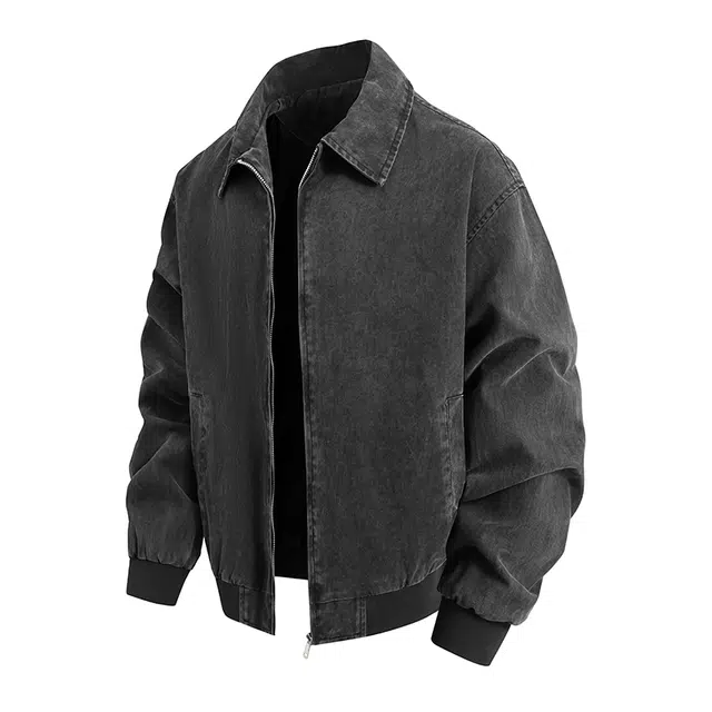 快鱼 美式复古高街纯色做旧重水洗简约高级感宽松翻领潮流百搭痞帅牛仔外套 男女同款