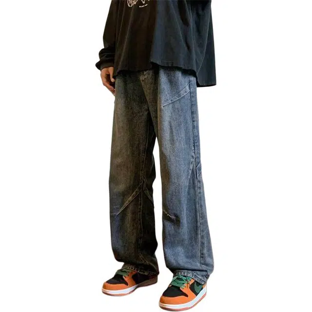 大格子与黑猫 男春秋季港风潮牌水洗美式复古拼接宽松休闲直筒阔腿长裤子牛仔裤 男款
