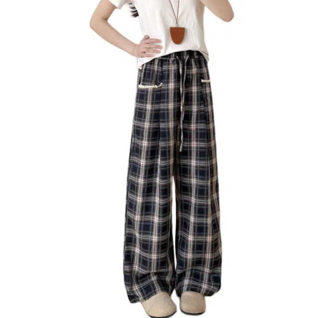 思蓓儿 格子直筒女夏季抽绳宽松阔腿裤长裤裤子休闲裤 女款