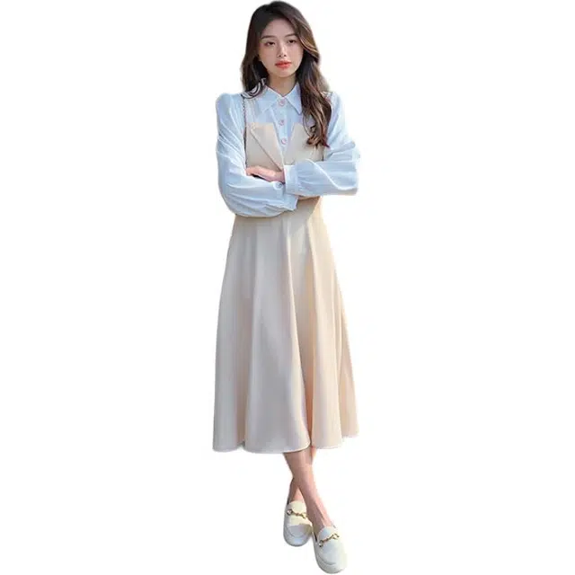 稻草人 美式学院风简约假两件拼接设计长袖连衣裙 女款