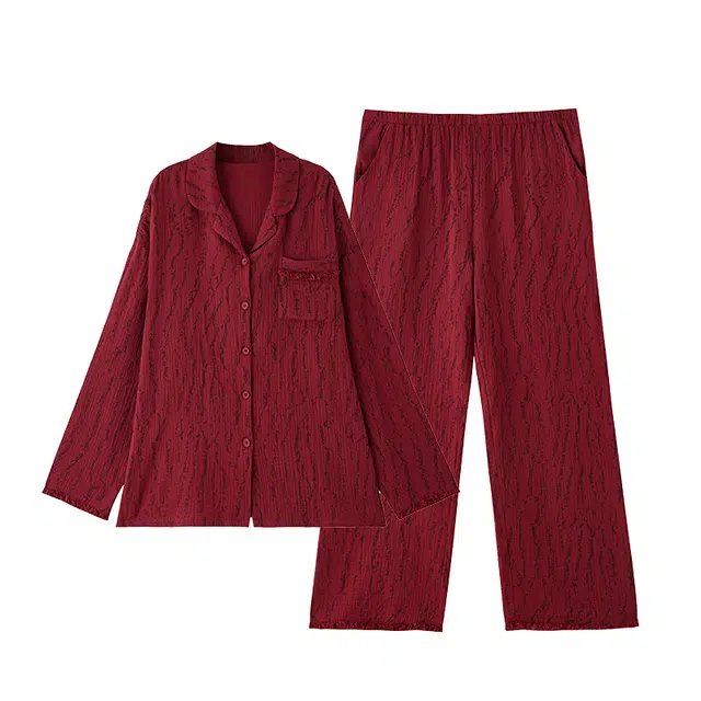 俏薇妮 结婚新婚情侣条纹春秋带胸垫一体纯棉纱布长袖睡衣套装 女款