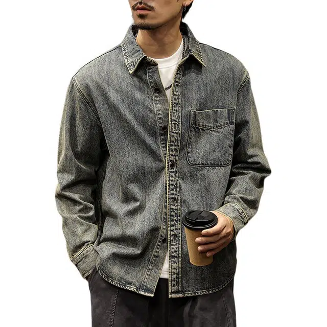 路杰邦 美式复古高端黄泥重磅衬衫男士秋季水洗纯棉宽松夹克牛仔外套 男款