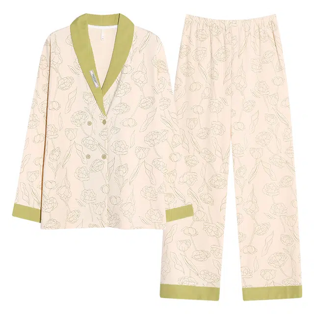 俏霓桐 春秋款清新花朵亲肤纯棉优雅甜美气质高级感长袖长裤家居服可外穿睡衣套装 女款