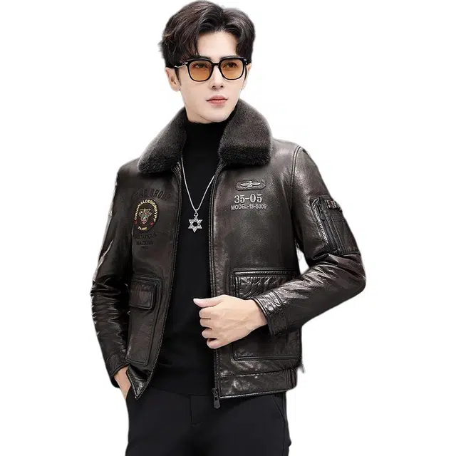 比利斯山羊 时尚休闲水貂毛领羊皮皮衣 男女同款