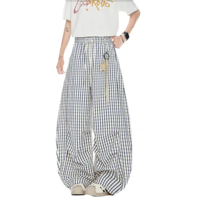 地界二 星星挂饰格子弯垂感阔腿裤宽松慵懒风直筒拖地裤子宽松慵懒风直筒青春活力风阔腿裤长裤休闲裤 男款