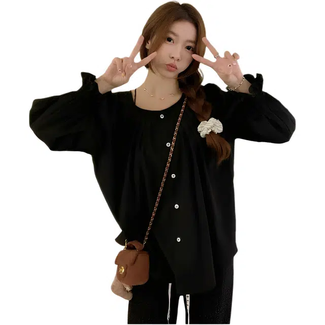 荟萃阁 法式女宽松遮肚皱褶上衣休闲长袖衬衫 女款