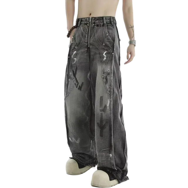 一碗士多 褶皱解构涂画重工流苏水洗做旧显高显瘦百搭时尚炸街废土风痞帅直筒设计感休闲裤 男女同款