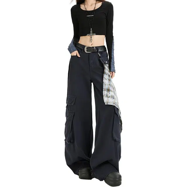如续 宽松显瘦酷拽高腰百搭阔腿裤女美式复古设计感多口袋工装裤休闲裤 女款