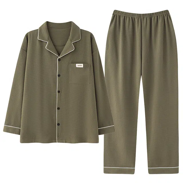俏霓桐 春秋款简约纯色轻奢纯棉亲肤华夫格休闲舒适长袖长裤家居服可外穿睡衣套装 男款