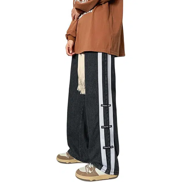 大格子与黑猫 美式复古阔腿男宽松直筒拼接工装裤秋季高街大码休闲长裤子牛仔裤 男款