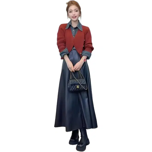 敲模女孩 韩系复古牛仔拼接针织毛衣高腰半身皮裙两件套裙装套装 女款