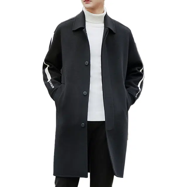 艾梵斯贝 高品质韩版翻领条纹拼接简约设计款高级风感中长款男士潮流外套日常休闲商务行政百搭北欧风大衣 男款