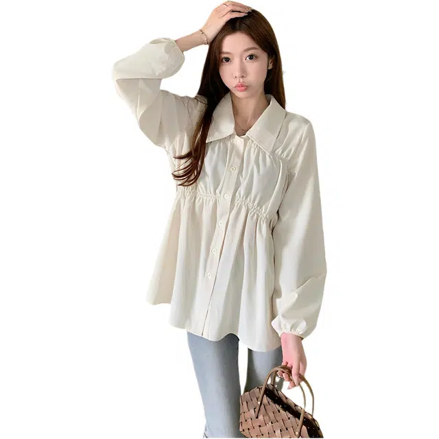 荟萃阁 收腰长袖显瘦荷叶边娃娃衫衬衫 女款