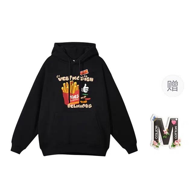 棉购 美式街头潮流连帽薯条印花休闲时尚百搭加绒加厚宽松卫衣 女款