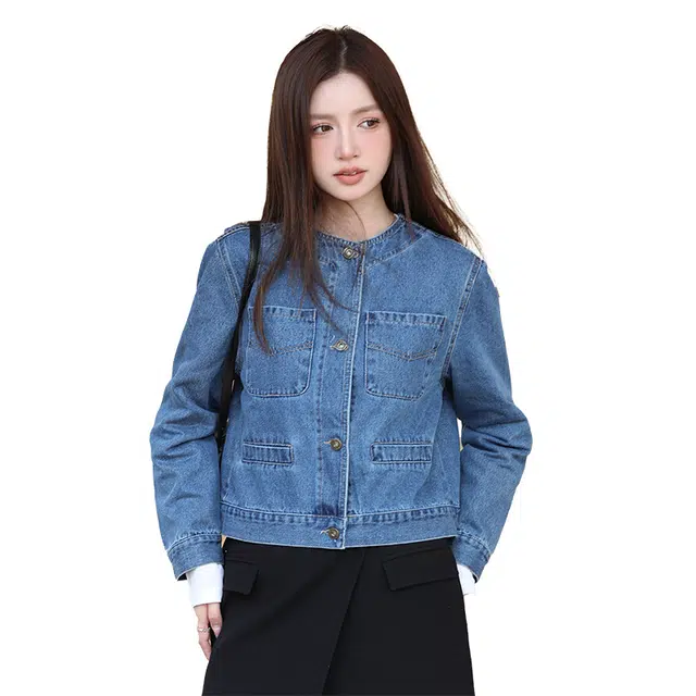 水中花 多口袋小众设计高品质休闲百搭叠穿圆领上衣牛仔外套 女款