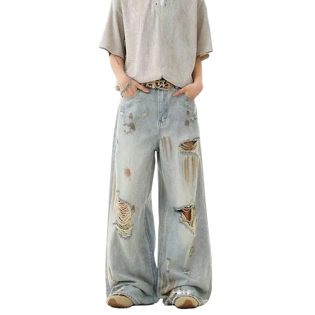 一碗士多 刷漆破洞水洗磨白做旧美式高街潮流痞帅拖地设计感宽松小众不对称复古屁直筒废土风牛仔裤 男女同款