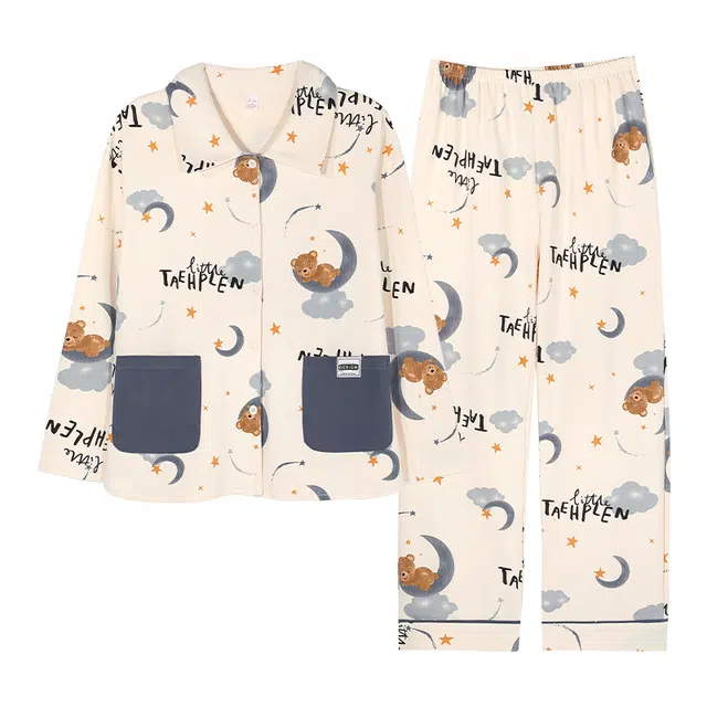 俏霓桐 春秋款可爱卡通小熊亲肤纯棉甜美休闲舒适简约长袖长裤家居服可外穿睡衣套装 女款