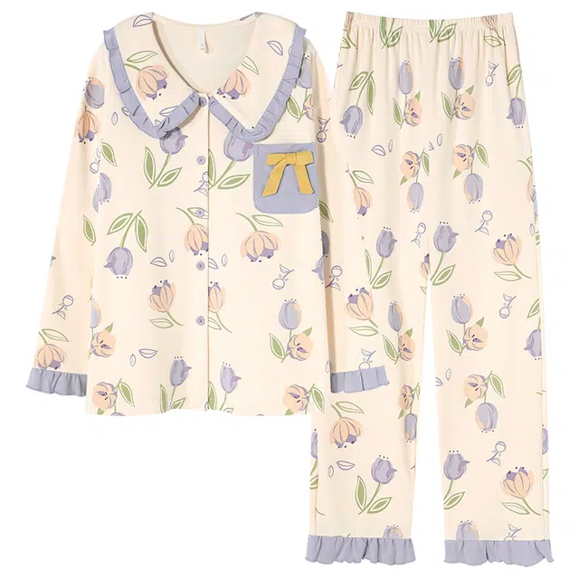 俏霓桐 春秋款清新花朵亲肤纯棉甜美蝴蝶结可爱少女风长袖长裤家居服可外穿睡衣套装 女款