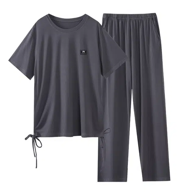 浪莎 纯色蝴蝶结斜肩舒适柔软时尚优雅简约基础可外穿家居服吸湿排汗耐用耐穿亲肤透气短袖长裤睡衣套装 女款