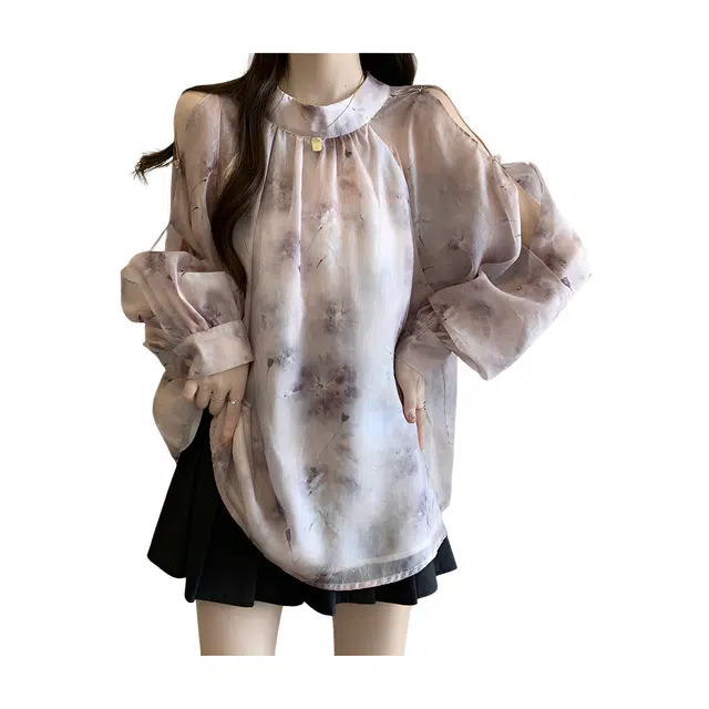 荟萃阁 露肩立领后背蝴蝶结泡泡袖碎花长袖衬衫 女款