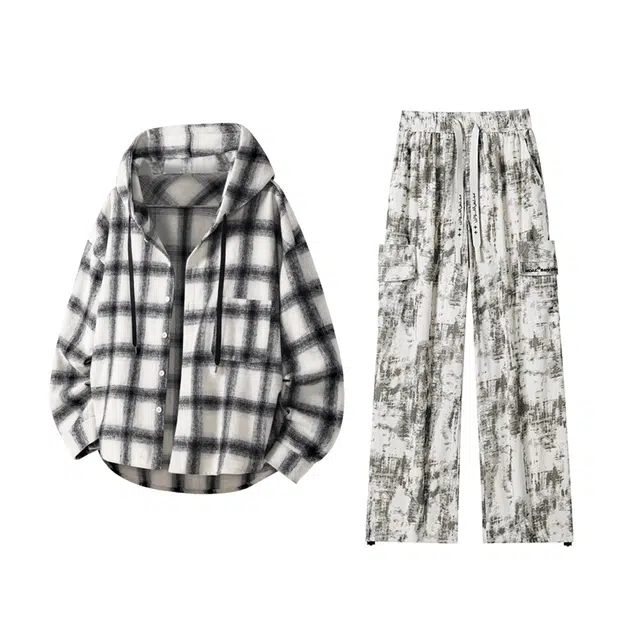 素杭 美式连帽格子开衫长袖外套潮流宽松衬衫扎染工装长裤两件套潮牌穿搭休闲运动套装 男女同款