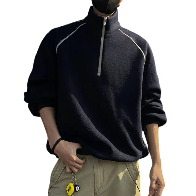 冈哉 解构条纹拼接半高拉链立领设计美式复古休闲宽松套头百搭通勤运动外套卫衣 男女同款